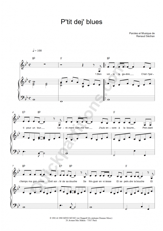 Partition piano P'tit dej blues - Renaud