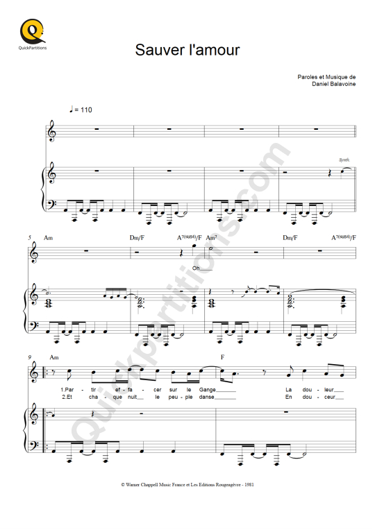 Partition piano Sauver l'amour - Daniel Balavoine