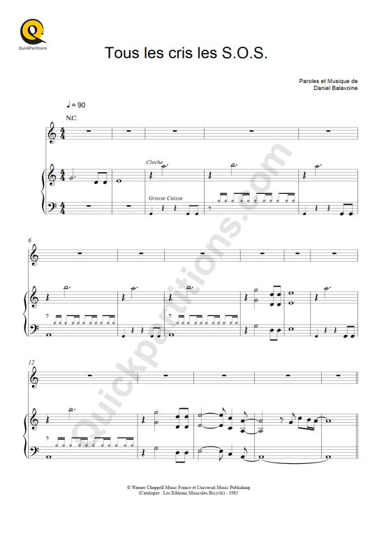 Partition piano Tous les cris les S.O.S. - Daniel Balavoine