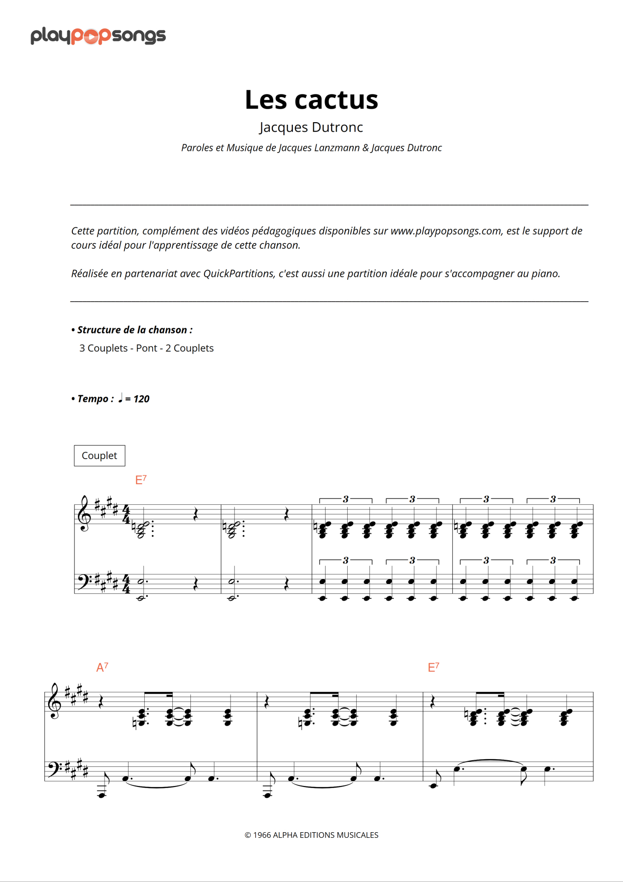 Les Cactus Support De Cours De Playpopsongs Quickpartitions 
