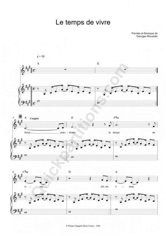 Partition piano Le temps de vivre - Georges Moustaki
