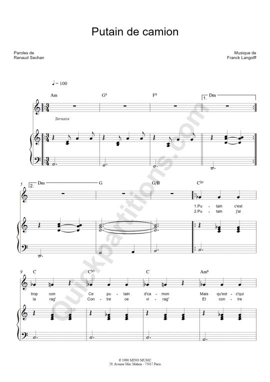Partition piano Putain de camion - Renaud