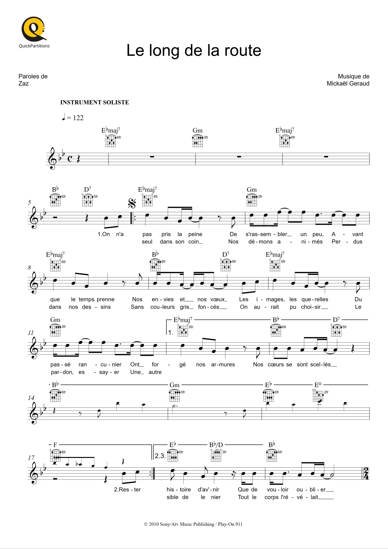 Route Partition Le long de la route - Partition Instruments Solistes de Zaz ...