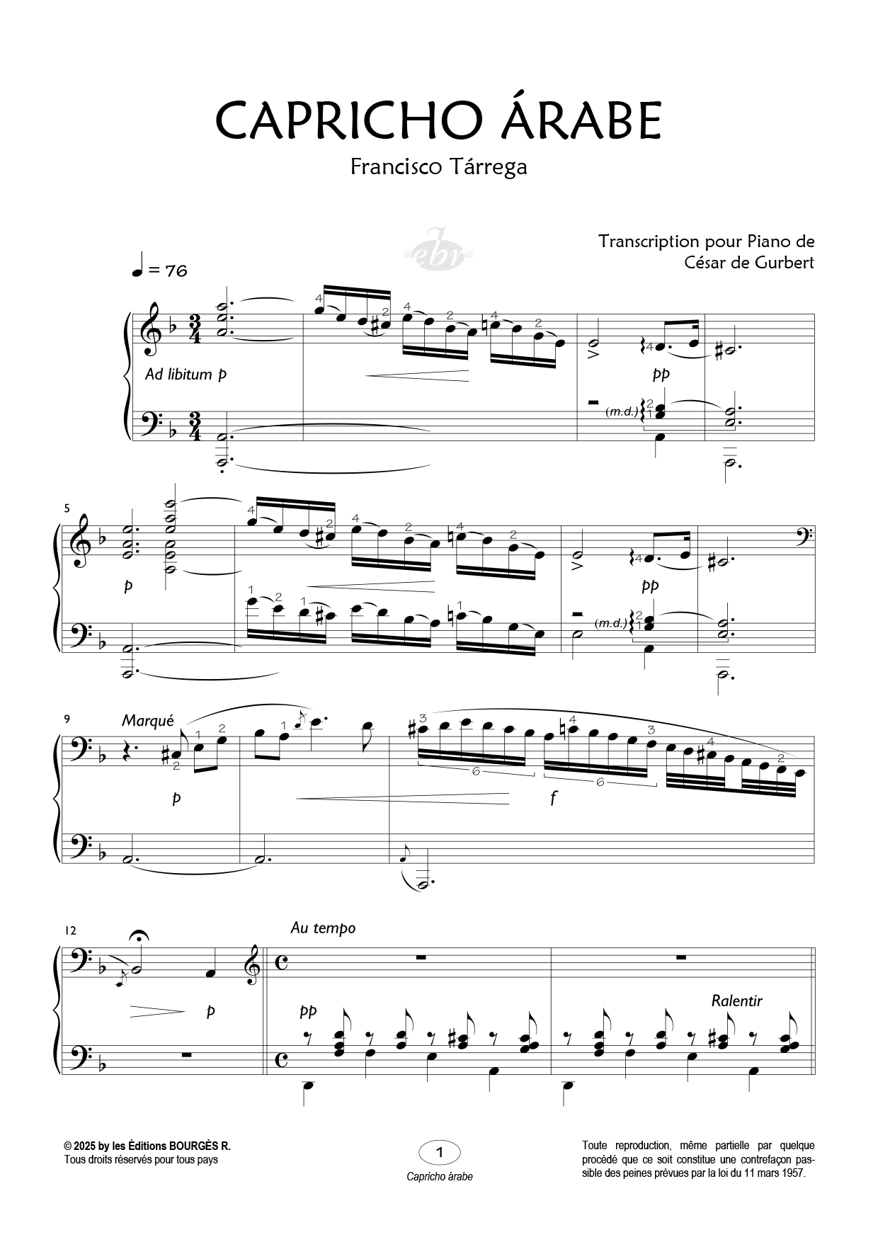 Partition piano Capricho árabe de Editions Bourgès R.