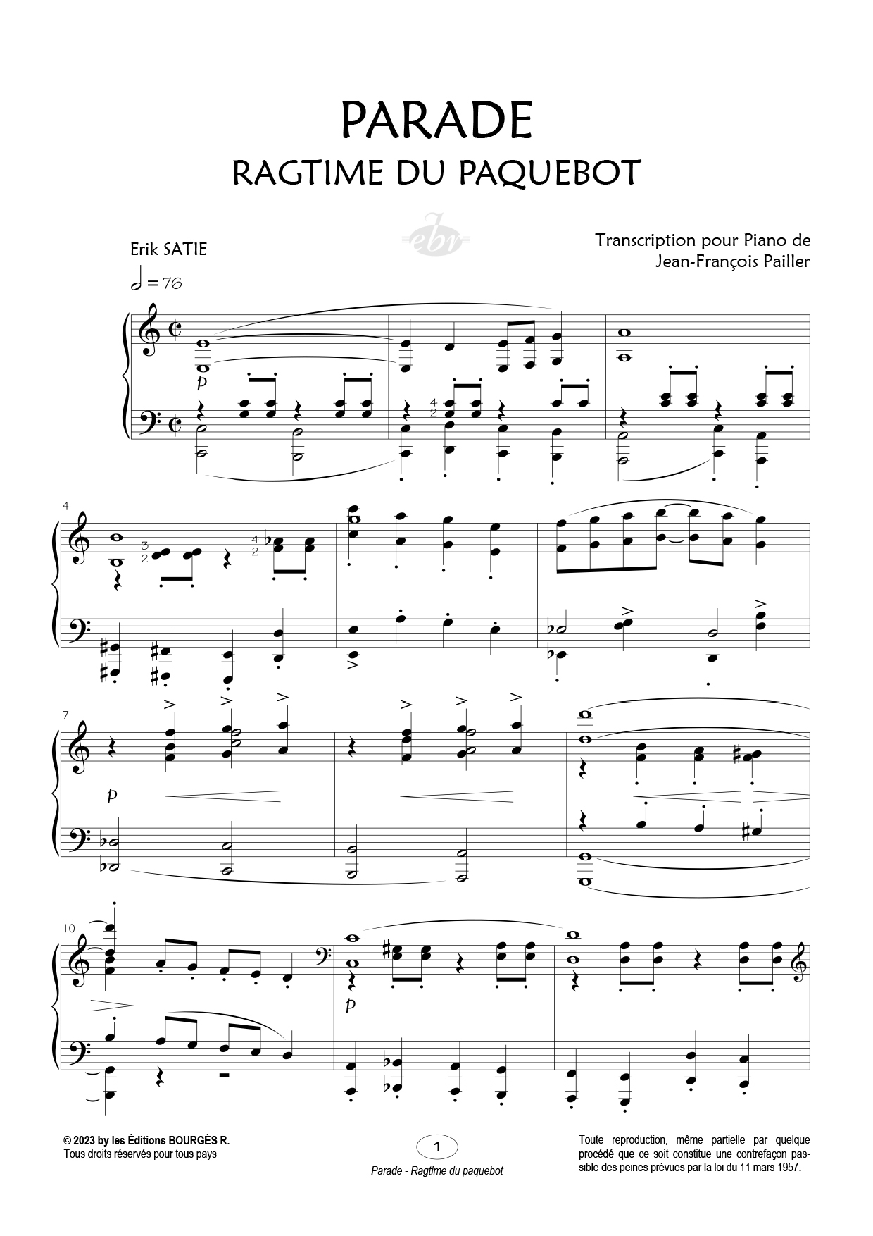 Partition piano Ragtime du Paquebot (extrait du ballet Parade) de Editions Bourgès R.