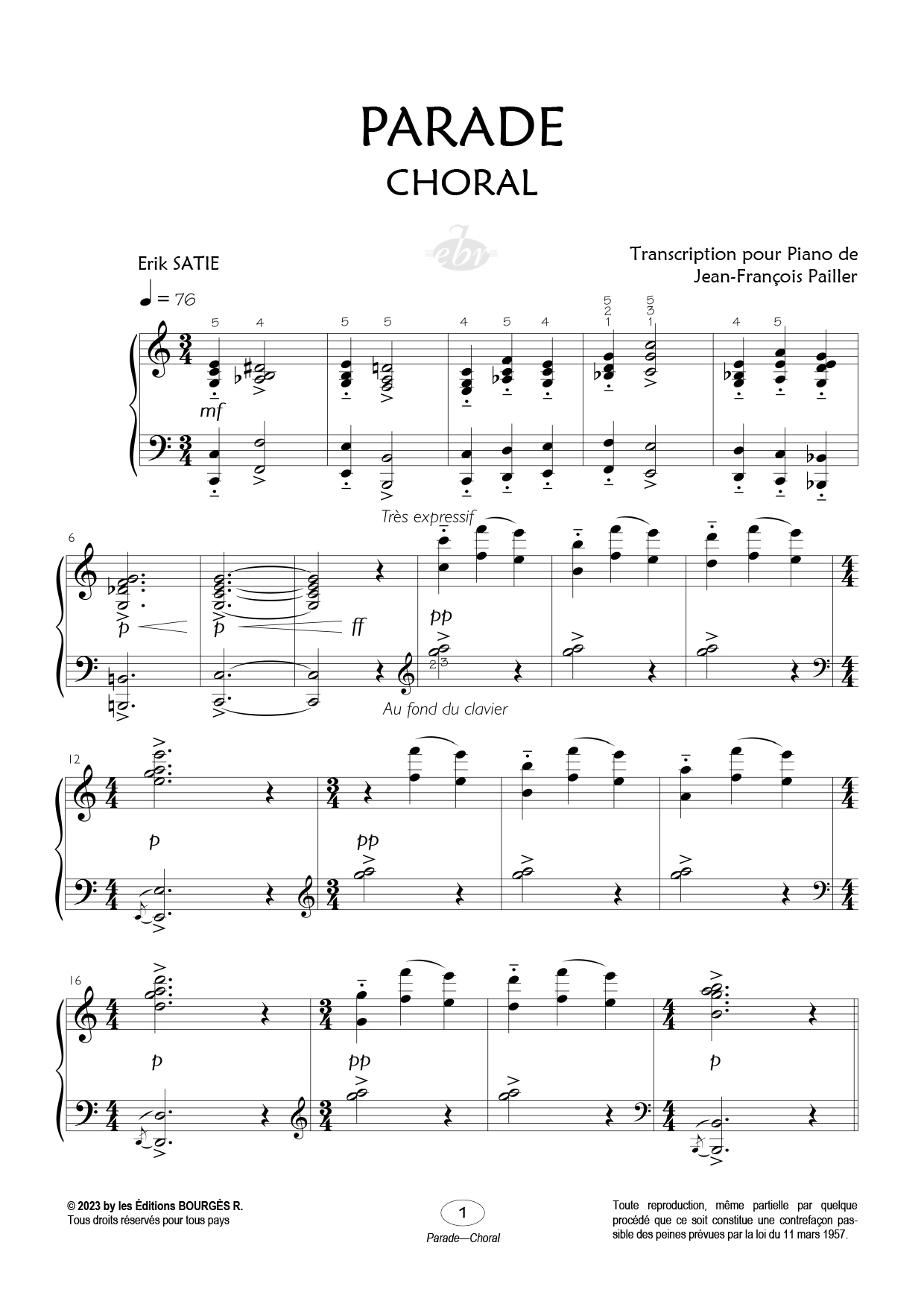 Partition piano Parade (ballet réaliste) de Editions Bourgès R.