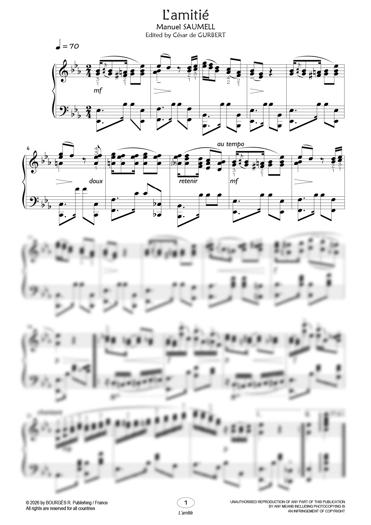 Partition piano L'amitié de César de Gurbert