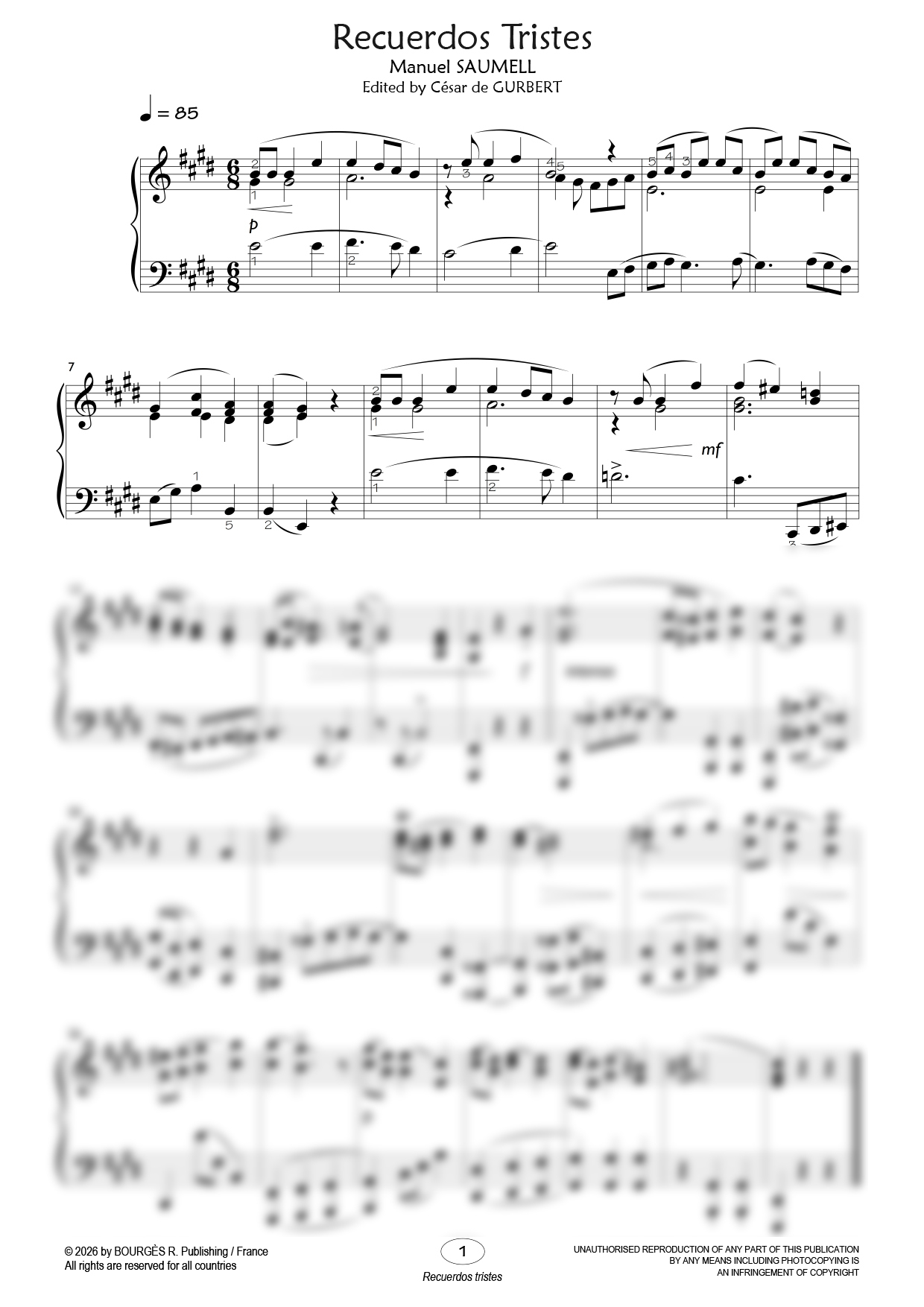 Partition piano Recuerdos tristes de César de Gurbert