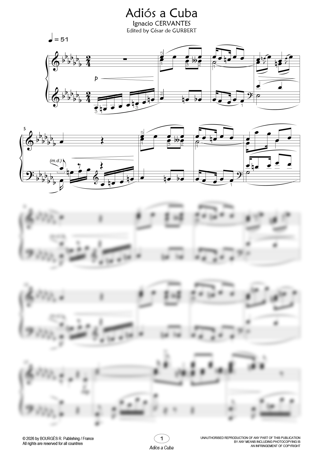 Partition piano Adiós a Cuba de César de Gurbert