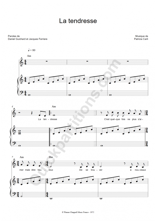Partition piano La tendresse - Daniel Guichard
