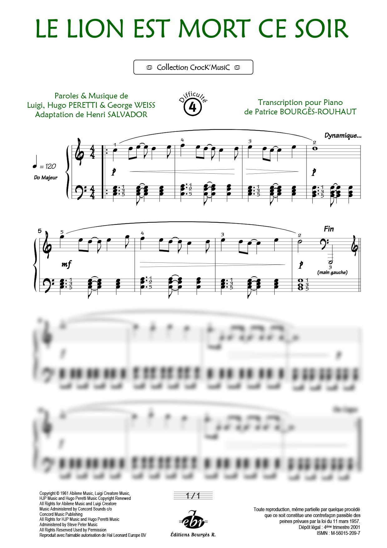 Le lion est mort ce soir Piano Sheet Music from Editions Bourgès R.