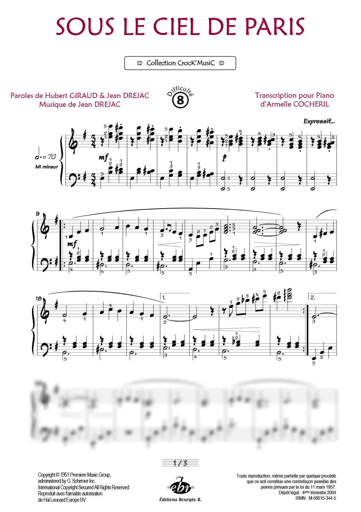 Sous le ciel de Paris Piano Sheet Music from Editions Bourgès R.