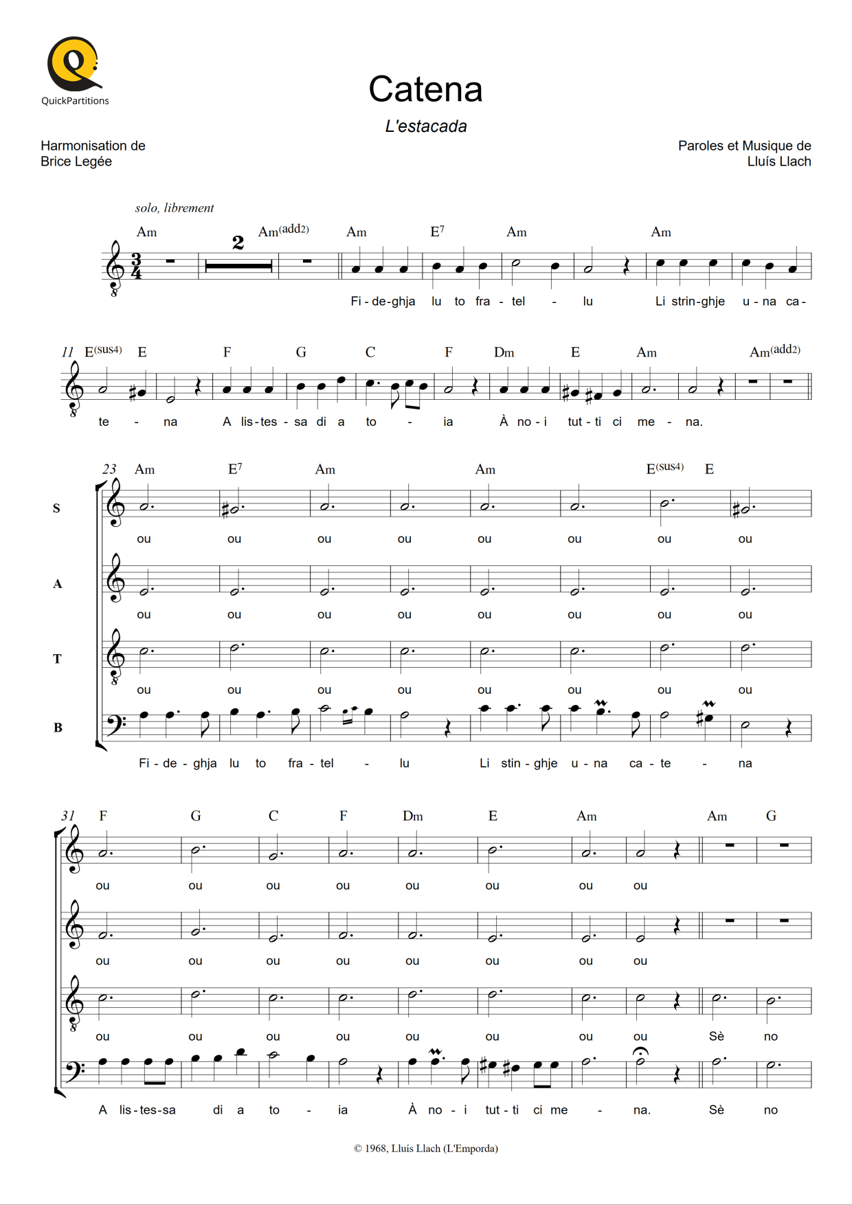 Partition chorale (SATB) Catena (L'estacada) de Lluís Llach