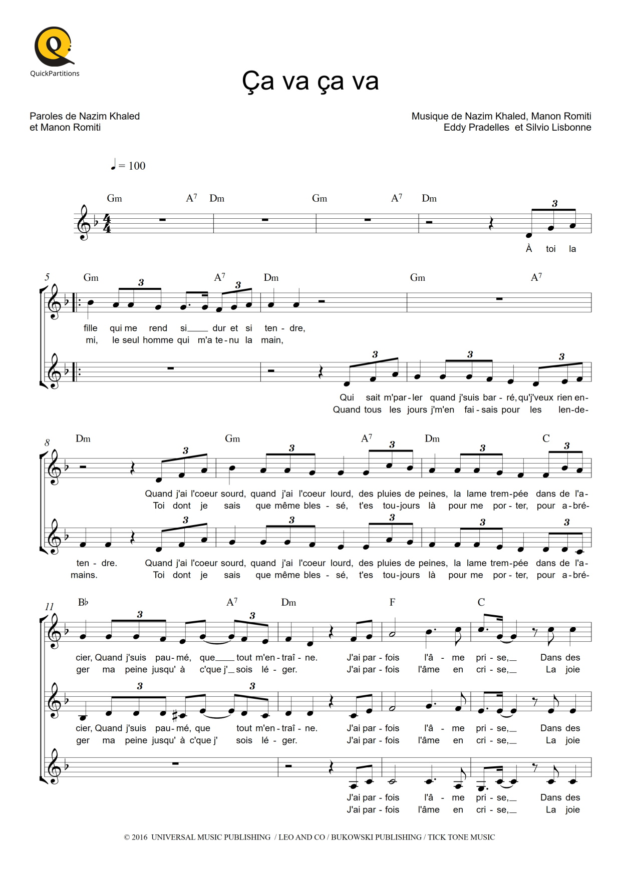 Ça va ça va - Partition chorale SSA de Claudio Capéo | Quickpartitions