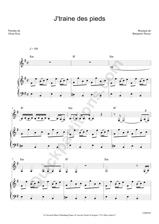 Partition piano J'traîne des pieds - Olivia Ruiz