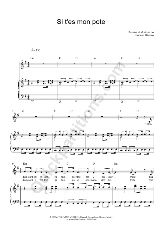 Partition piano Si t'es mon pote - Renaud