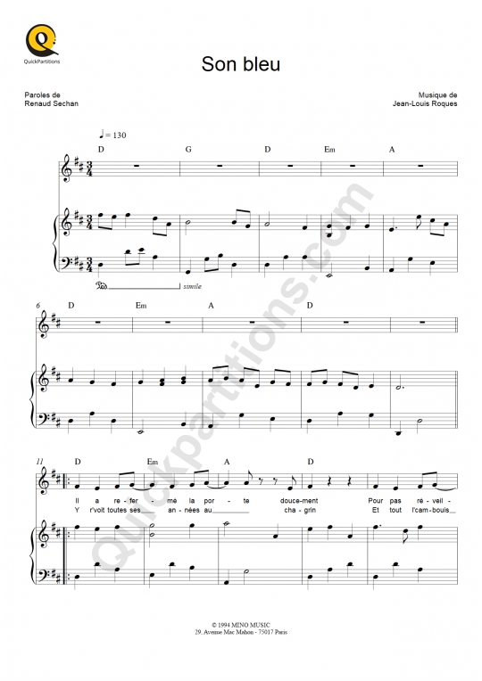 Partition piano Son bleu - Renaud