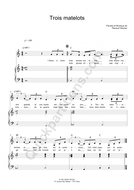 Partition piano Trois matelots - Renaud