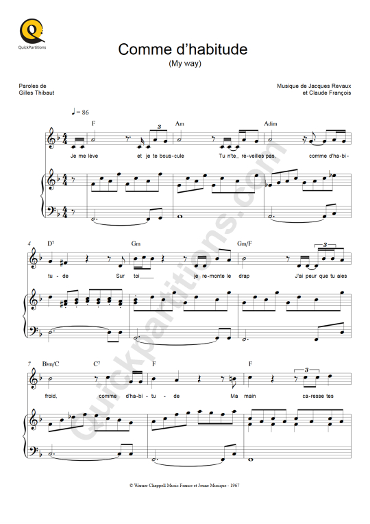 Partition piano Comme d'habitude - Claude Francois