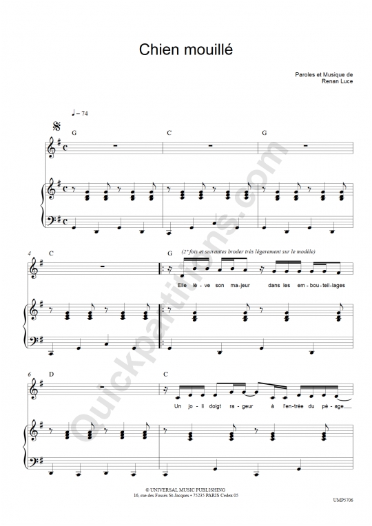 Chien mouillé Piano Sheet Music - Renan Luce