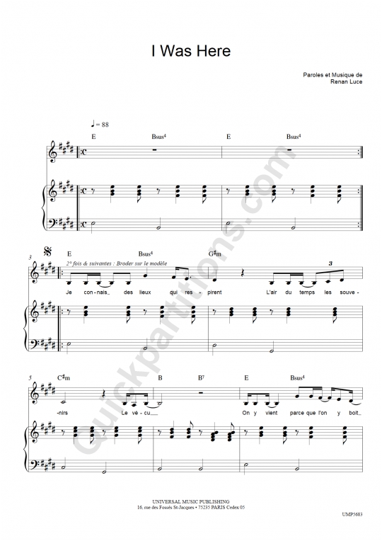 I Was Here Piano Sheet Music - Renan Luce