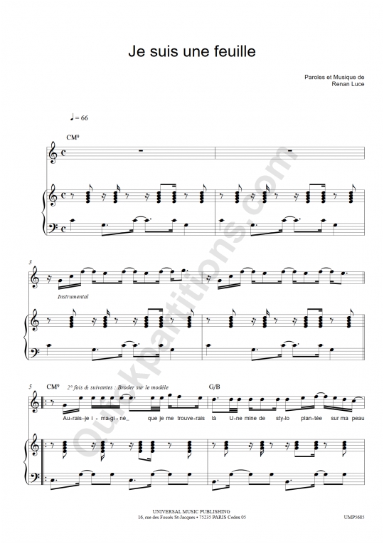 Je suis une feuille Piano Sheet Music - Renan Luce