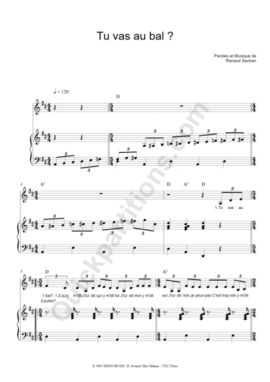 Partition piano Tu vas au bal - Renaud
