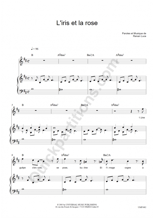 L'iris et la rose Piano Sheet Music - Renan Luce