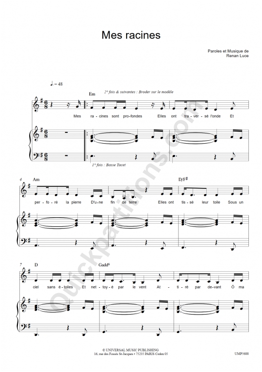 Mes racines Piano Sheet Music - Renan Luce
