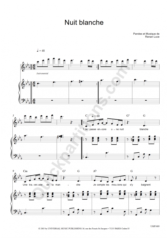 Nuit blanche Piano Sheet Music - Renan Luce