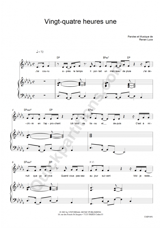 Vingt-quatre heures une Piano Sheet Music - Renan Luce