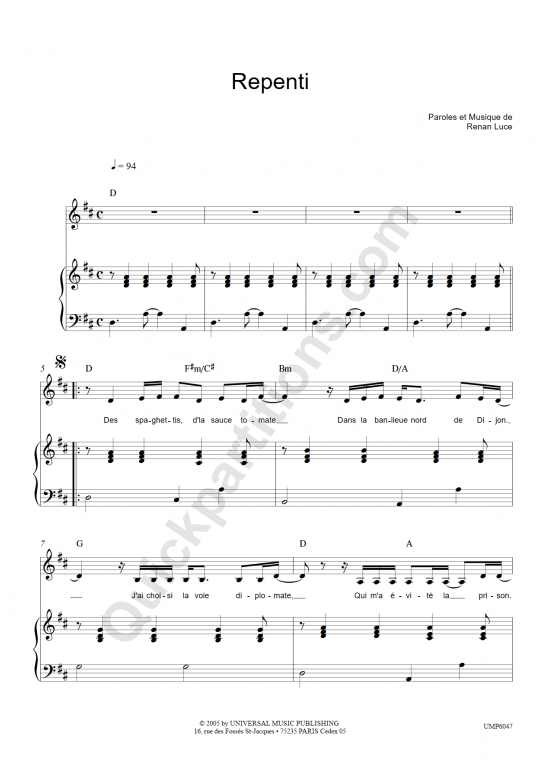 Repenti Piano Sheet Music - Renan Luce