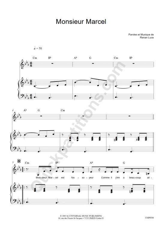 Monsieur Marcel Piano Sheet Music - Renan Luce