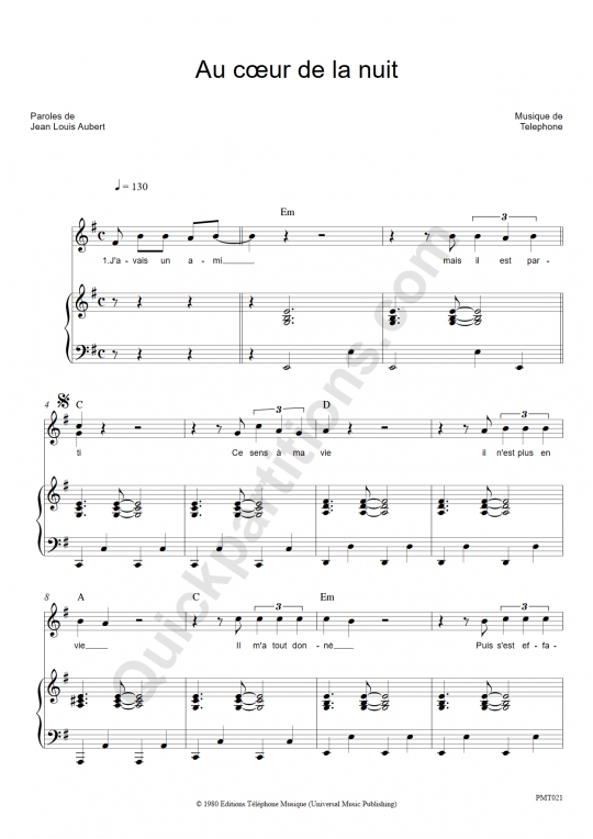 Au coeur de la nuit Piano Sheet Music - Téléphone