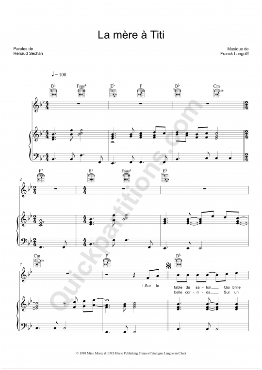 Partition piano La mère à Titi - Renaud