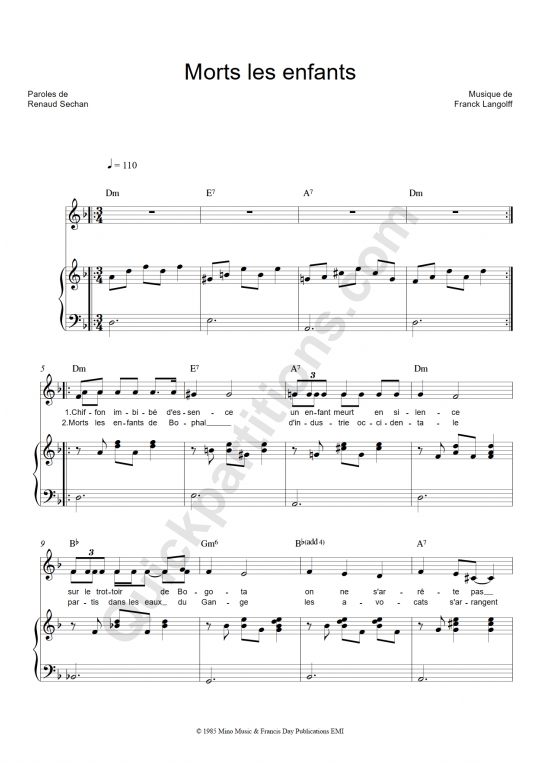 Partition piano Morts les enfants - Renaud