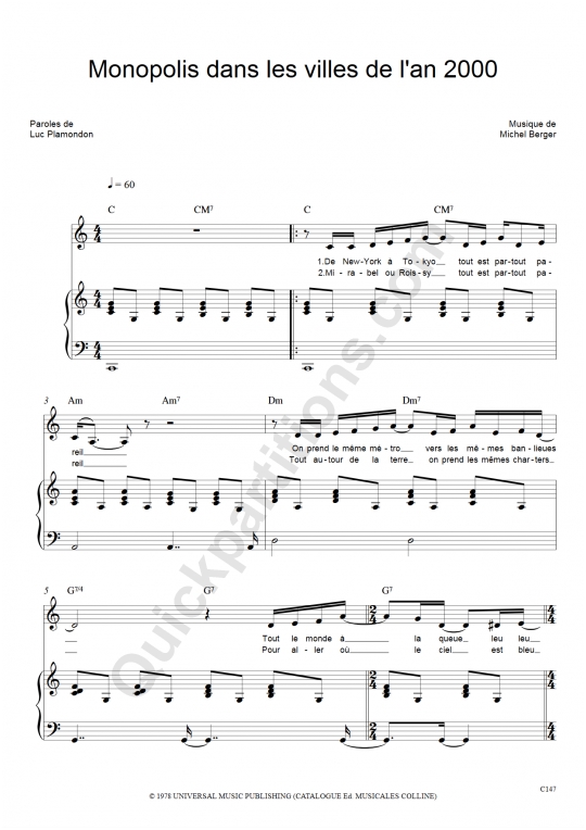 Monopolis dans les villes de l'an 2000 Piano Sheet Music - Starmania