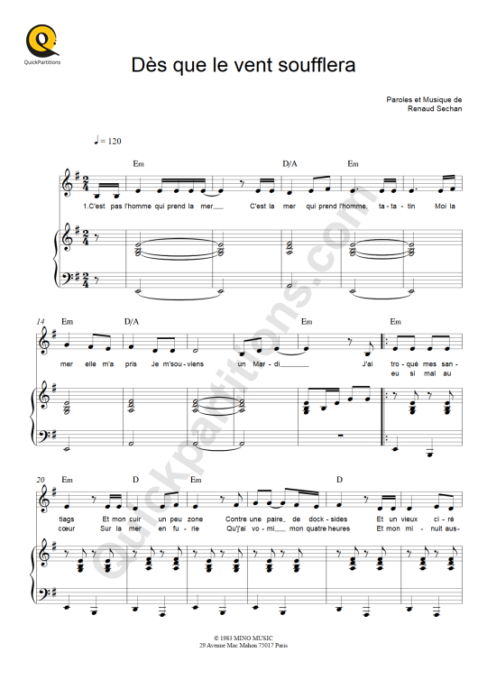 Partition piano Dès que le vent soufflera - Renaud