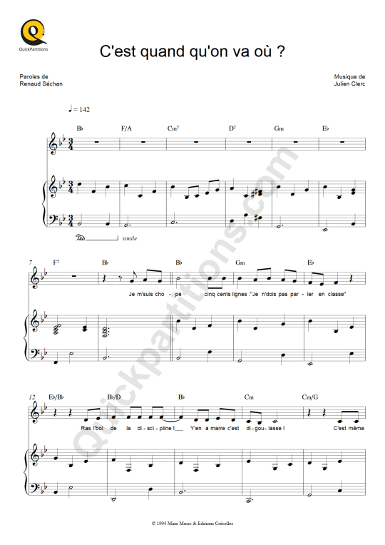 Partition piano C'est quand qu'on va où ? - Renaud