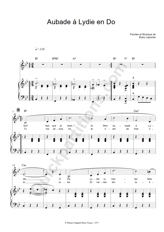 Partition piano Aubade à Lydie en Do - Boby Lapointe