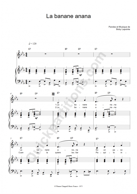 Partition piano La banane anana - Boby Lapointe