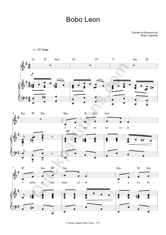 Partition piano Bobo Léon - Boby Lapointe