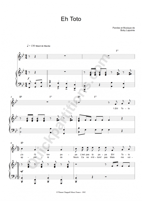 Partition piano Eh Toto - Boby Lapointe