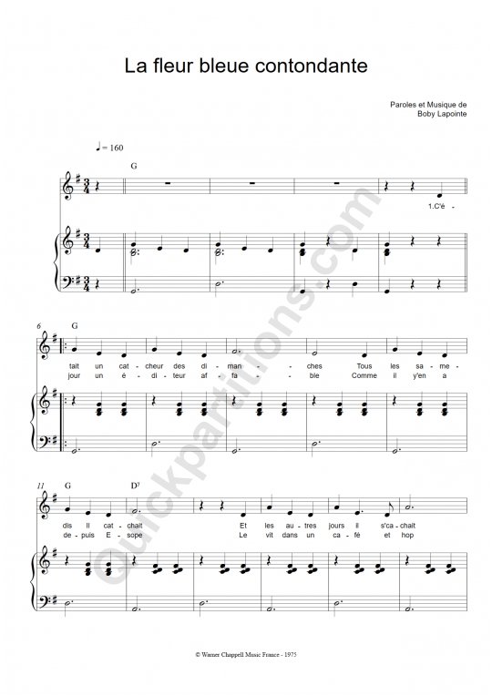 Partition piano La fleur bleue contondante - Boby Lapointe