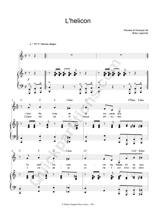 Partition piano L'hélicon - Boby Lapointe