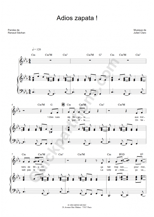 Partition piano Adios Zapata ! - Renaud