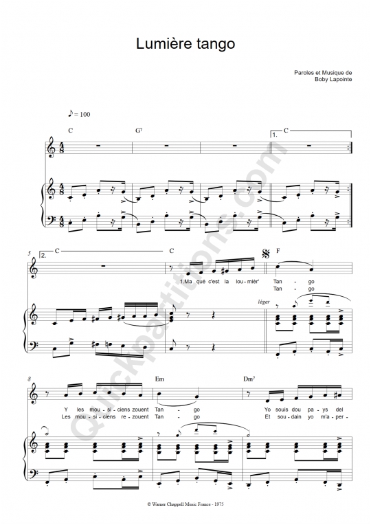 Partition piano Lumière tango - Boby Lapointe