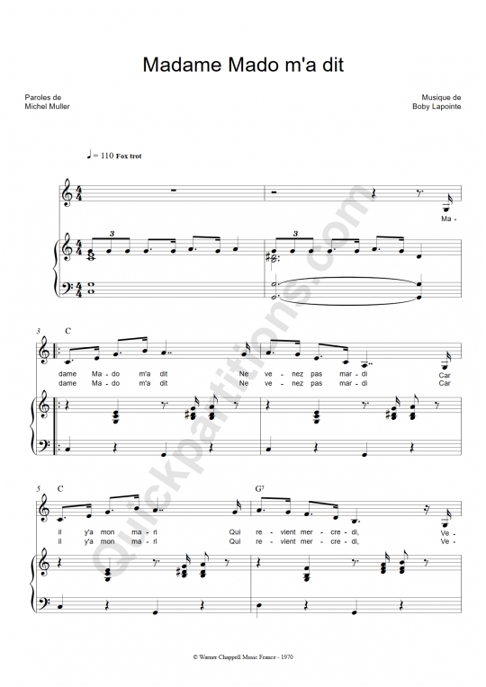 Partition piano Madame Mado m'a dit - Boby Lapointe