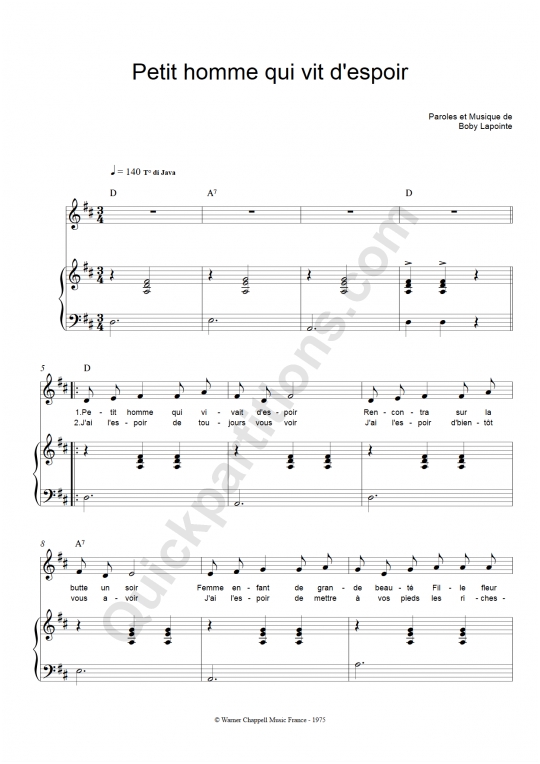 Partition piano Petit homme qui vit d'espoir - Boby Lapointe