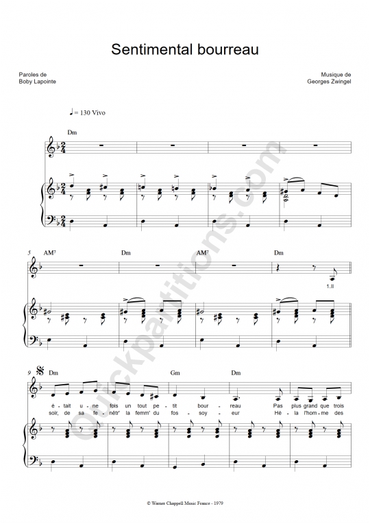 Partition piano Sentimental bourreau - Boby Lapointe